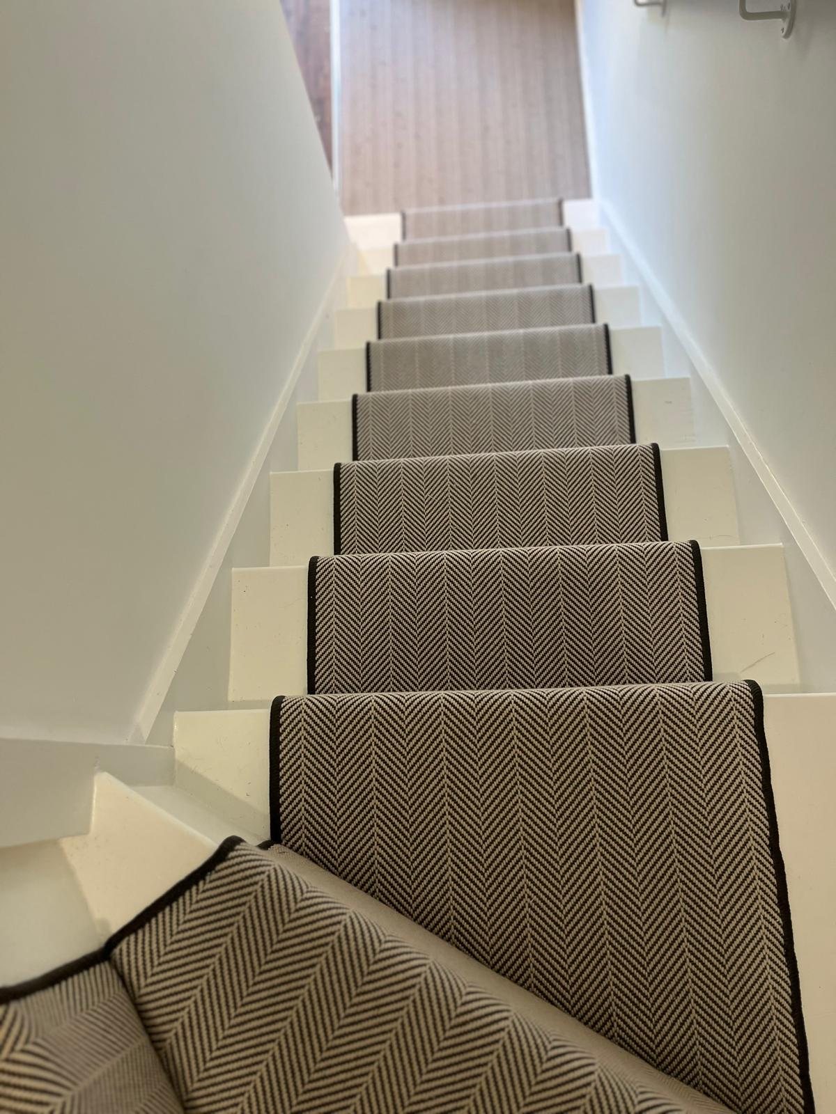 Deco Flatweave Jacquard Orca herringbone stair runner with black binding fitted in Enfield EN3 by Carpet World London