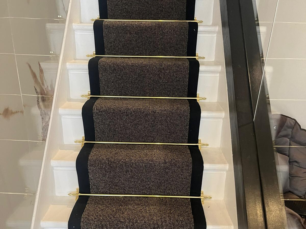 Fibre Wool Gemini Starlight stair runner with brass Homepride rods and black linen edging fitted in Walthamstow E17 by Carpet World London